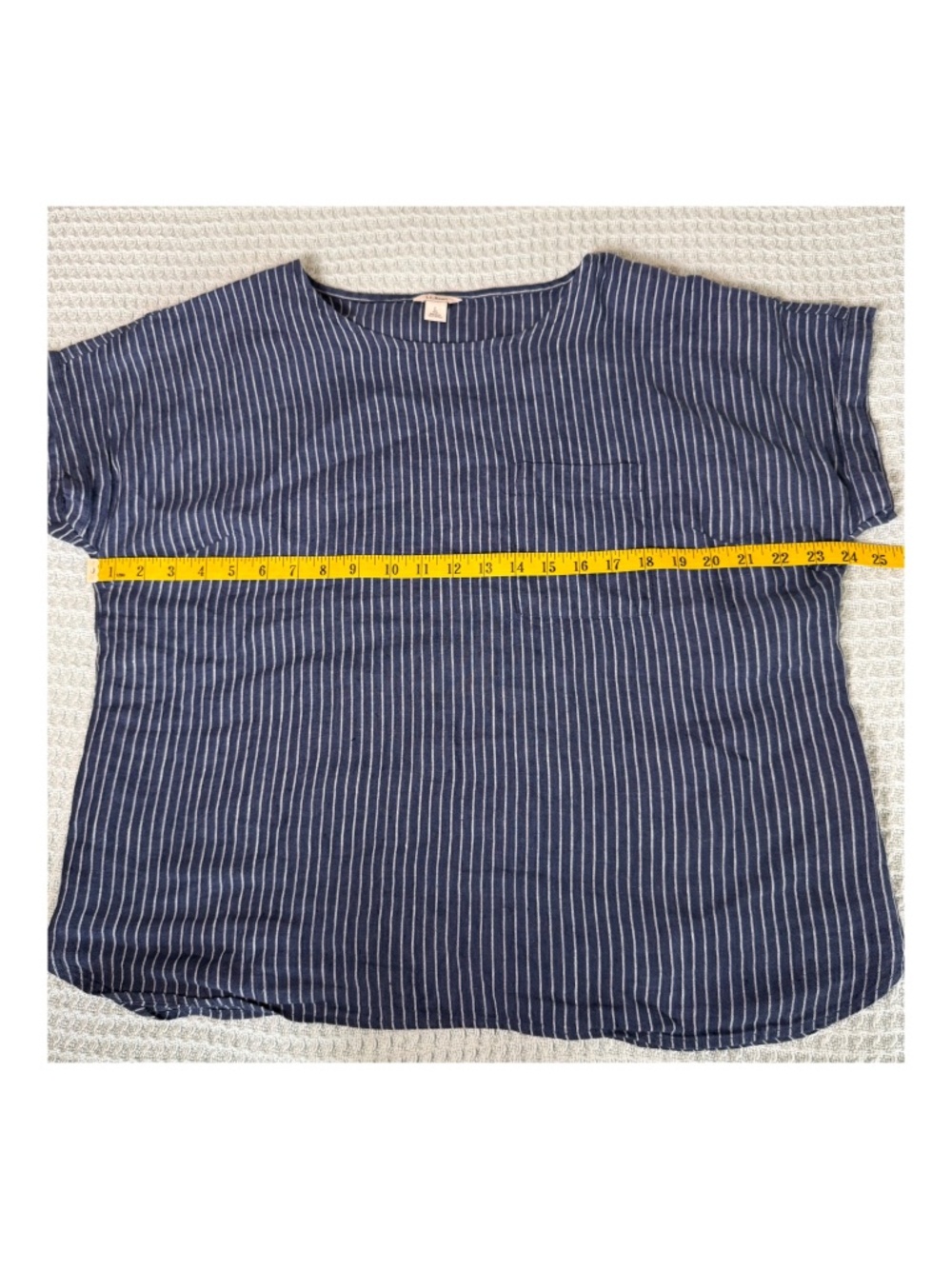 LL Bean 100% Linen Shirt Womens Large Reg Navy Blue Stripe Lagenlook Top 517773 - Picture 6 of 8